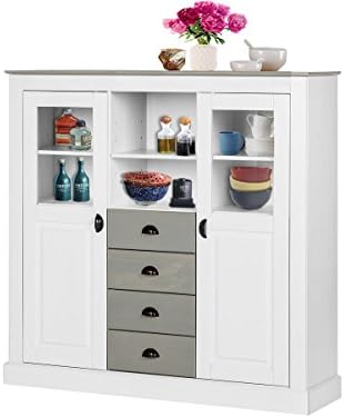 KAIA Highboard Storage unit Cabinet 2 Glass/ wooden door 2 open compartments 4 Drawers 130 cm Solid Pine wood (White/ Grey)