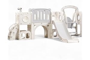 ‎HABEIG 9-in-1 Kinder Spielturm mit Rutsche, 255x160 cm, Schaukel, Basketballkorb, Kletterkomplex, Weiß, Indoor Spielplatz (899)