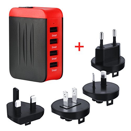 Milool 4.8A 4 USB port universellen-Adapter mit getrennt Reise Adapter aus 150 Ländern weltweit US UK EU AU Universal fusionierten Sicherheit AC-in einem Ladegerät(Rot)