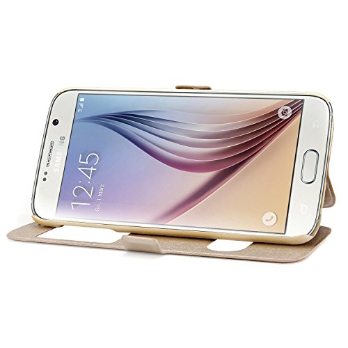 Funda Piel para Galaxy S6  Carcasa Galaxy S6 Ventana Vista  Moon mood Champagne Oro Flip Funda Libro con Tapas y Cartera de Cuero Protectora Caja del Tel  fono Cubierta Caso para Samsung Galaxy S6 G920 Magn  tico Folio Case Cover con Soporte Ranuras para Tarjetas