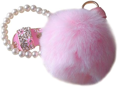 Shining crown Fluffy Ball with Slipper Pearls Rhinestone Keyring Keychain Bag Charms Pendant, Pink