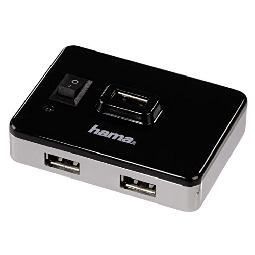 Hama 4-Port USB-2.0 Hub mit Netzteil und Ein-/Ausschalter, kompatibel auch mit Windows 10, schwarz/silber