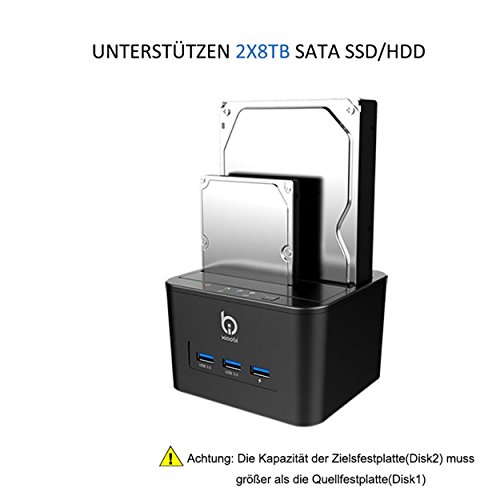 Techkoo Dual Bay Festplatten Dockingstationen, Festplatten Docking Station mit 3Ports USB 3.0 Hub, mit Netzteil Adapter, SATA 2,5/ 3,5Zoll HDD SSD SATA Festplatten - 2