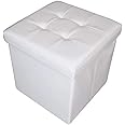 HomeHarmony® Quilted Top Folding Storage Ottoman Seat, Stool, Toy Storage Box Faux Leather (White, Medium)