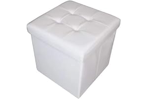 HomeHarmony® Quilted Top Folding Storage Ottoman Seat, Stool, Toy Storage Box Faux Leather (White, Medium)