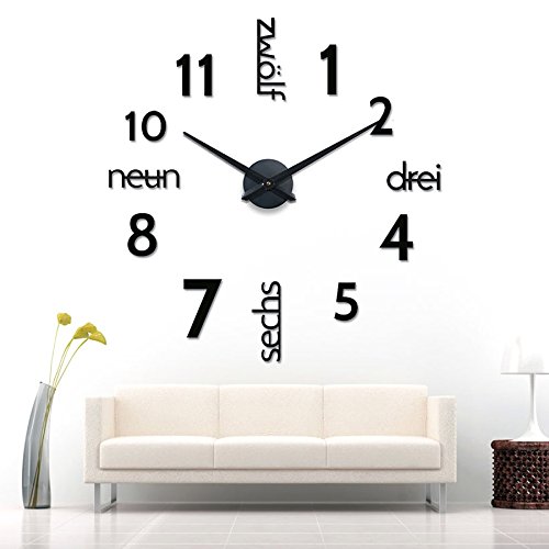 XXL 3D Schwarze Riesen Designer Wanduhr Wohnzimmer Dekoration Wandtatoo mit deutschem Zifferblatt aus Acryl - 2