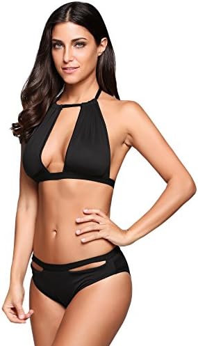 Solid Halter Backless Sexy Push Up Padded Cut Out Bikini Set Swimsuit Swimwear Bathing Suit (L, Black)