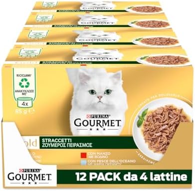 GOURMET Gold Cibo Umido per Gatti Adulti Straccetti con Manzo, Pollo, Pesce dell'Oceano e Salmone 48 Lattine da 85g