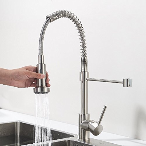 Aimadi Niederdruck Mischbatterie Küchenarmatur Wasserhahn 360° drehbar Armatur Küche Spiralfederarmatur Küchenspüle Geschirrbrause Spültischarmatur Gebürsteter Nickel - 5