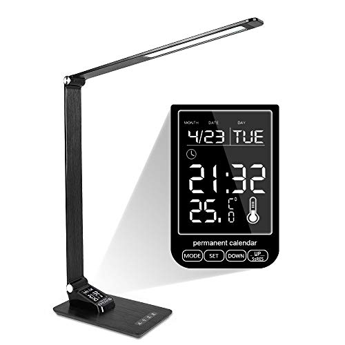 Preisvergleich Produktbild AYQ Schreibtischlampe Leselampe 7W LED-Bürolampe mit USB-Ladeanschluss, DateTime Alarm Temperature, Bürolampe für die Augenpflege, Berührungssteuerung, 3 Beleuchtungsmodi 5 Helligkeitsstufen