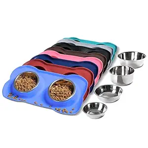 Hubulk 2 Stainless Steel Pet Dog Bowls with No Spill Non-Skid Silicone Mat + Pet Food Scoop for Feeding Dogs Cats Puppies (S, Blue)