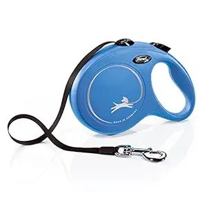 Flexi New Classic Automatic Dog Leash Pause and Lock, Retractable Comfortable One Hand Brake System Durable Non-Slip Handle Dog Walking and Training Leash Nylon Tape, Blue 5m/16 ft Large | Leash for Large Size Dogs, Max Capacity - 50 kgs