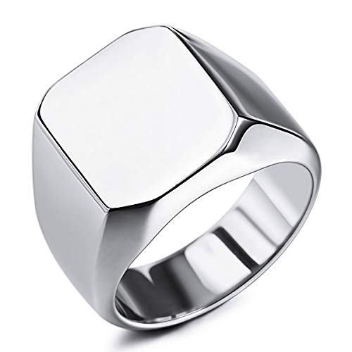 MunkiMix Anillo de sello para hombres Mujeres Niños 316l Anillos para hombre resistentes al agua Estilo cuadrado de acero inoxidable, paquete con ajustadores de tamaño de anillo (Plata Color, Talla N)