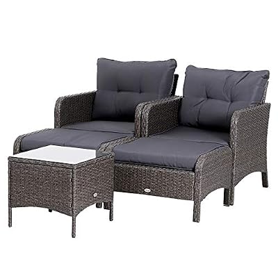 Outsunny Lot de 2 fauteuils de Jardin Grand Confort Repose-Pied Table Basse résine tressée Imitation rotin Coussins Gris