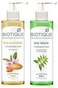 Biotique Bio Neem Purifying Face Wash, 200 ml & Biotique Almond Oil Ultra Rich Body Wash, Botanical Extracts, 200 ml