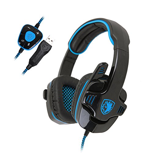SADES SA901 7 1 de sonido envolvente est  reo Pro USB PC Gaming Auriculares Cinta de cabeza de los auriculares con micr  fono Deep Bass Over-the-Ear control de volumen para jugadores de PC  Azul 
