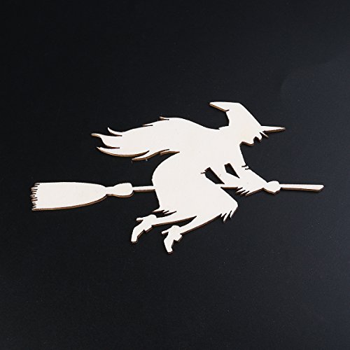 NUOLUX Halloween Deko, 10pcs hölzernen Verzierungen mit String Halloween Deko Hexe auf dem Besen-Muster-Anhänger - 3