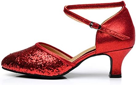 Women's Sequins Closed Toe Low Kitten Heel Cross Straps Practice Ballroom Latin Shoes Red EU Size 39-UK Size 6/Leather Sole/3.5