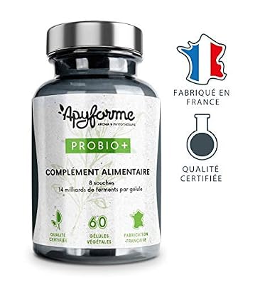 APYFORME Probiotiques Haute efficacité.8 souches probiotiques dosées à 14 milliards de micro-organismes vivants par gélule.60 Gélules( 1gél /j soit 2 mois) végétales sans titane sans gluten. Fabriqué en France