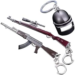 BBYaki Pistolet Keychain 98K Sniper Et Fusil AKM Et Casque Niveau 3 pour Porte-Clés Pendentif pour Hommes Arme en Forme
