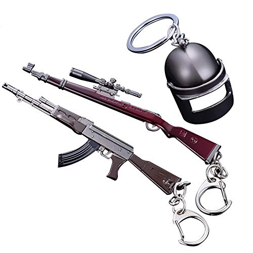 BBYaki Pistolet Keychain 98K Sniper Et Fusil AKM Et Casque Niveau 3 pour Porte-Clés Pendentif pour Hommes Arme en Forme