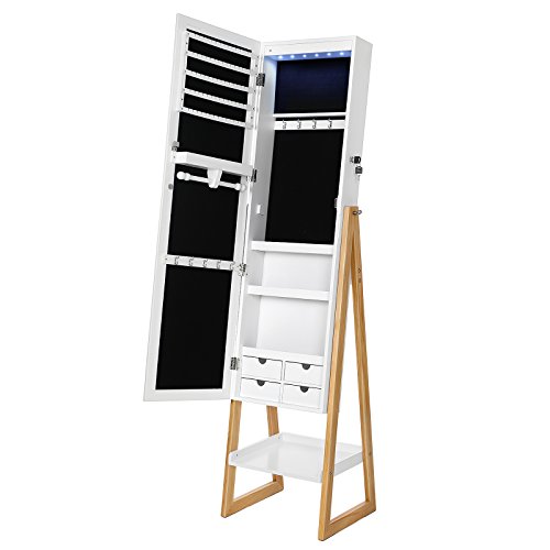 Preisvergleich Produktbild SONGMICS Schmuckschrank mit LED-Beleuchtung, abschließbarer und freistehender Schmuckorganizer, Ganzkörperspiegel, im Skandinavischen Stil, Beine aus Massivholz, weiß&kieferfarben, JBC72WN