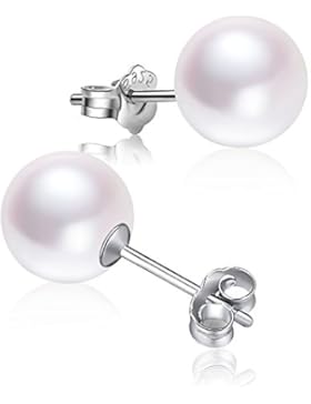 Damen Ohrringe Perle Ohrstecker 925 Sterling Silber Perlen Schmuck mit 5-9mm Runde Süßwasser-Zuchtperlen Weiß