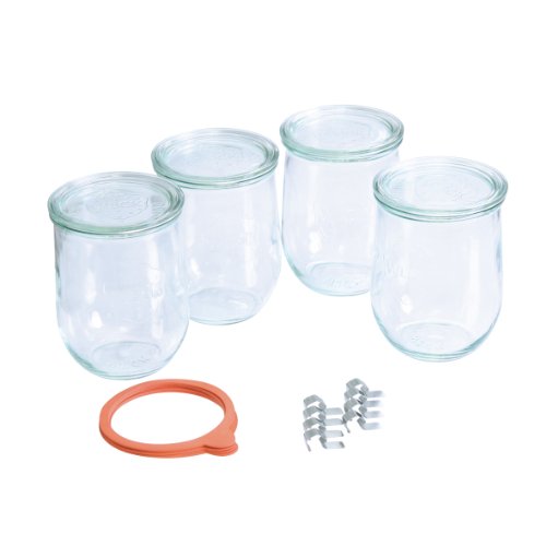 axentia Einkochgläser-Set - Einkochglas 4 Stück a 1 Liter - Einweckglas-Set mit Gummiring 5 Stück - Einwegglas mit Klammern 8 Stück - Einwegglaeser-Set mit Deckel - Sturzglas spülmaschinengeeignet