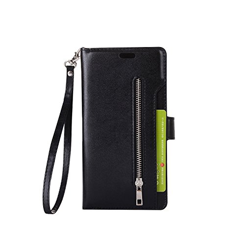 Galaxy Note 8 Case [with Free Screen Protector], Qimmortal(TM) Premium PU Leather Wallet Purses Case Stand Book Type Style Cover with [Lanyard Strap] and [Credit Card Holders Slots] Flip Folio Magnetic Detachable Button Protective Case Cover For Samsung Galaxy Note 8 - Black
