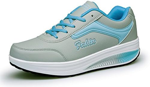 KUAIKUHEI Women's PU Platform Running Athletic Casual Lightweight Lace up Sports Shoes Sneaker,XZ8372-greyblue-EU41,Asia 42