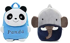 Blue Tree Kids School Bag Soft Plush Backpack Combo Cartoon Bags Mini Travel Bag for for Girls Boys Toddler Baby (Blue Panda & Elephant)