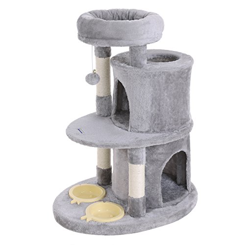 SONGMICS Árbol para Gatos con 2 Tazones de Comida, Rascador con Varias Plataformas, Postes Cubiertos de Cuerda de Sisal, Dobles Caseta, Centro de Actividades, Gris Claro, PCT58W