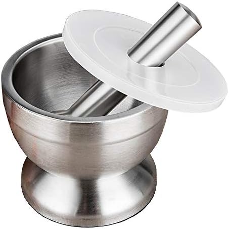 Mortar and Pestle Set Stainless Steel Garlic Press Spice Grinder with Lid for Spice Herb Seed Salt and Pepper Grinder with Anti-Slip Base and Comfortable Grip