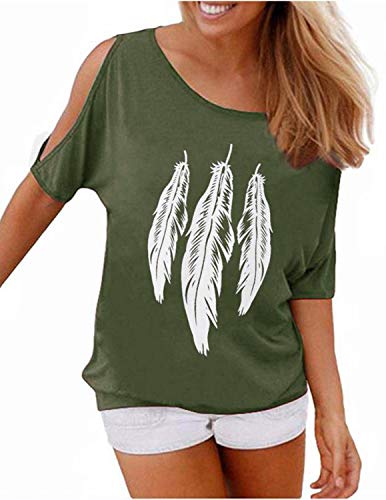 YIPIN Mujer Casual Camiseta Manga Corta Sin Tirantes Verano Estampado de Plumas Suelto T-Shirt Tops (M, Verde)
