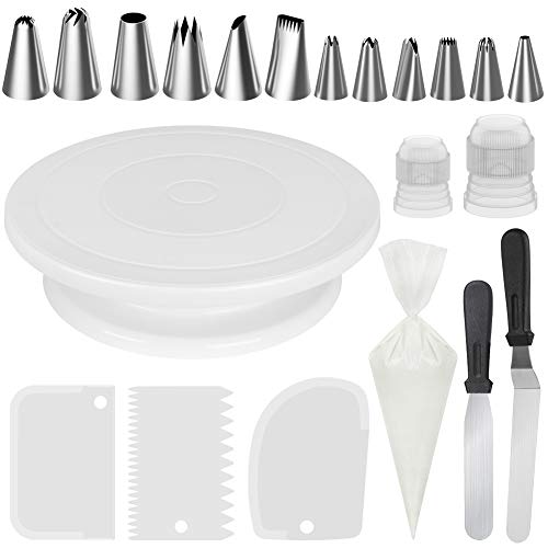 InnoGear Accessoires de décoration avec plateau tournant de 28 cm, spatule, 3 lisseurs de glaçage, 12 douilles à gâteau, 2 coupleurs et 50 poches à douille jetables, en acier inoxydable