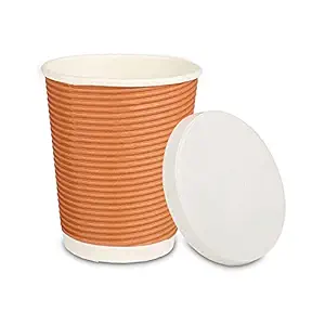 e kysa basics Ripple Paper Disposable Tea / Coffee Cups with lids, Set of 25 pcs, 350 ml - Brown