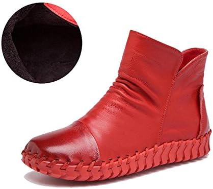 female boots handmade sewing retro short thicker plush leather zipper flat heel warm casual shoes . red . 36