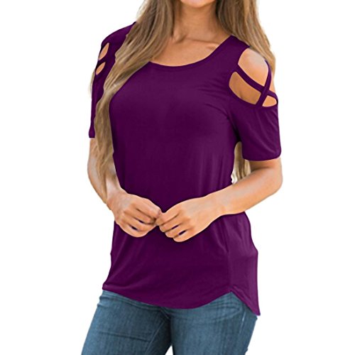 Blusas Para Mujer Rawdah Camiseta Manga Corta Verano Blusas De Mujer Sexy Strappy Cold Shoulder T-Shirt Tops Blusas Top De Manga Corta Sin Hombros Blusas Para Mujer Verano Ahuecar (Púrpura, M)