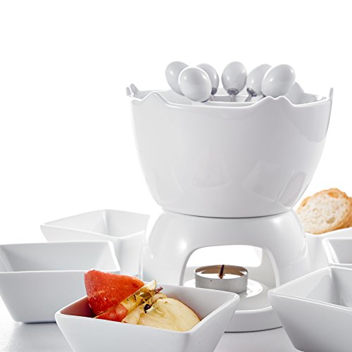 Malacasa, Serie Favor, 14-teilig Porzellan Schokofondue Set Fondueset Porzellan Schokoladenfondue Fonduetopf mit 6 Fondue Schälchen 6 Fonduegabeln für 6 Personen - 6