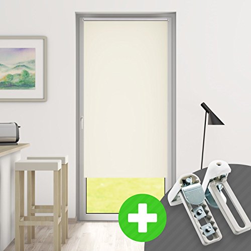 DESWIN Rollos - Set: Verdunkelungsrollo + Premium-Klemmhalter - 80 x 230 cm ALTWEISS - (KlemmFix Rollo mit Metallkette, Klemmhaltern, Rollo-Magnete, Halter zum Schrauben)