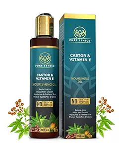 Pure Ethics Castor Oil with Vitamin-E for Hair Growth, Healthy Skin, and Nails - Reduces Acne, Stimulates Hair Growth, Softens Skin and Thickens Eyelashes and Brows - Arandi Oil, Cold Pressed (200 ml)