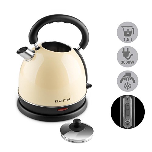 Klarstein • Teatime • Wasserkocher • Wasserkessel • Teekocher • Edelstahl • Retro Teekessel Design • 1,8 Liter • 3000 Watt • kabellos • Cool-Touch-Griff • Basisstation mit Kabelaufwicklung • abnehmbarer Edelstahldeckel • auswaschbarer Kalkfilter • creme - 3