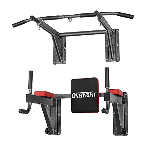 ONETWOFIT Wall Mounted Pull up Bar and Dip Station 2 in 1, Multifunctional Wall Mounted Power Tower, 8 Ways of Exercising, Maximum Weight: 330lbs OT076