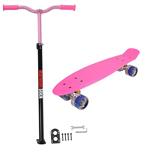 Maronad 57 cm Mini Cruiser tabla Retro monopatín con ruedas LED y aluminio Rodamientos de ABEC-7 Classics, Rosa + MARONAD STICK Rosa