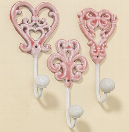 3 Stk Wandhaken Caro Eisen lackiert rosa apricot Gußeisen Shabby Chic Haken Nostalgie Metallhaken Garderobe Vintage Ornamente Barock Shabby Chic Garderobenhaken