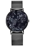 Alienwork Damen Herren Armbanduhr Quarz schwarz mit Milanaise-Mesharmband Edelstahl Ultra-flach Slim-Uhr