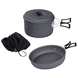 Camping Kochtopf Bratpfannen Set | 2,3 Liter Topf Ø 185x100 mm mit Topfdeckel | 1 Pfanne zum Braten Ø 190x40 mm mit geriffeltem Außen-Boden