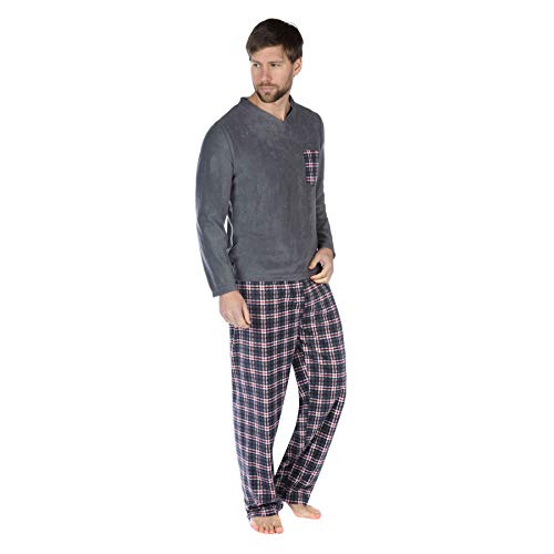 Harvey James Uomo Fleece Pyjama Set V Collo Check Pocket Lounge Wear Pjs, Grigio-XXL