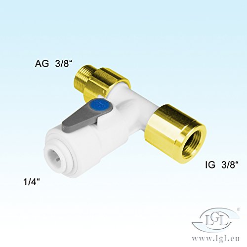 T-Stück 3/8″ Zoll IG u. AG auf 1/4″ John Guest Steckverbindung (6,35mm), 3/8×1/4″, um nach dem Eckventil eine Abzweigung zu Umkehrosmose, Filter o. Ionisierer zu schaffen. Winkel-Absperr-Ventil mit Rückfluß-Sperre - 3