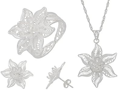 Women Jewellery Set Lily Blossom 925 Sterling Silver with Ring Stud Earrings Pendant Nacklace S22